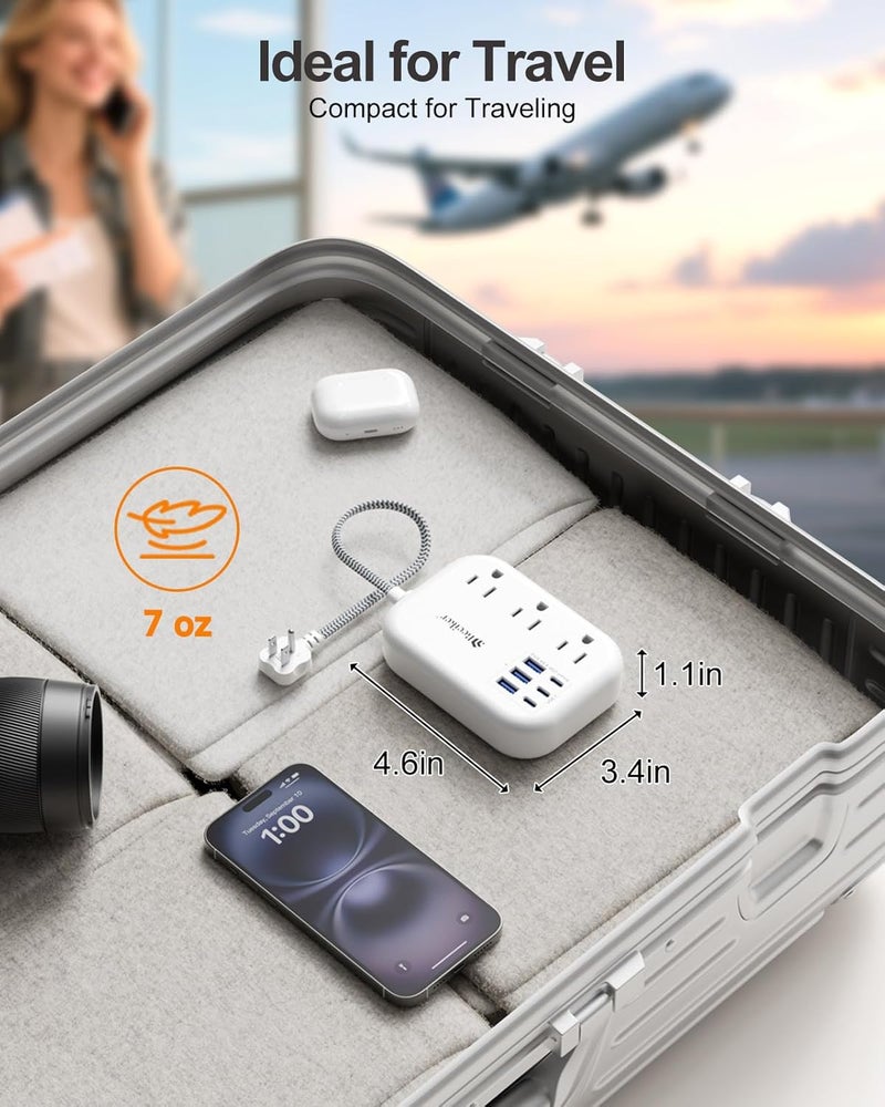 Beeiker Short Extension Cord 1 Ft- 6 USB(3 USB C) Travel Power Strip with 24W USB Charging Station and 3 Outlets, 1Ft Small Flat Plug Extension Cord Surge Protector for Travel Home College Dorm 1625W - Image 4
